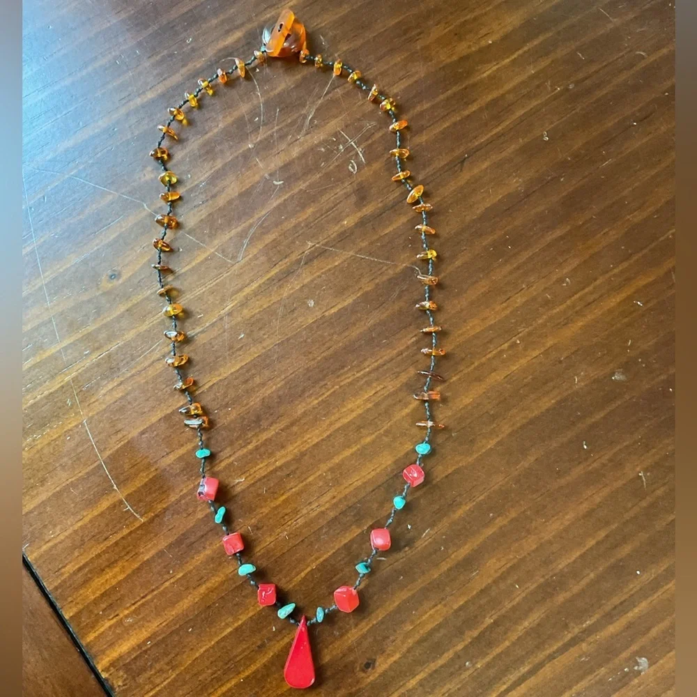Vintage Baltic Amber Turquoise Coral Lavaliere Necklace